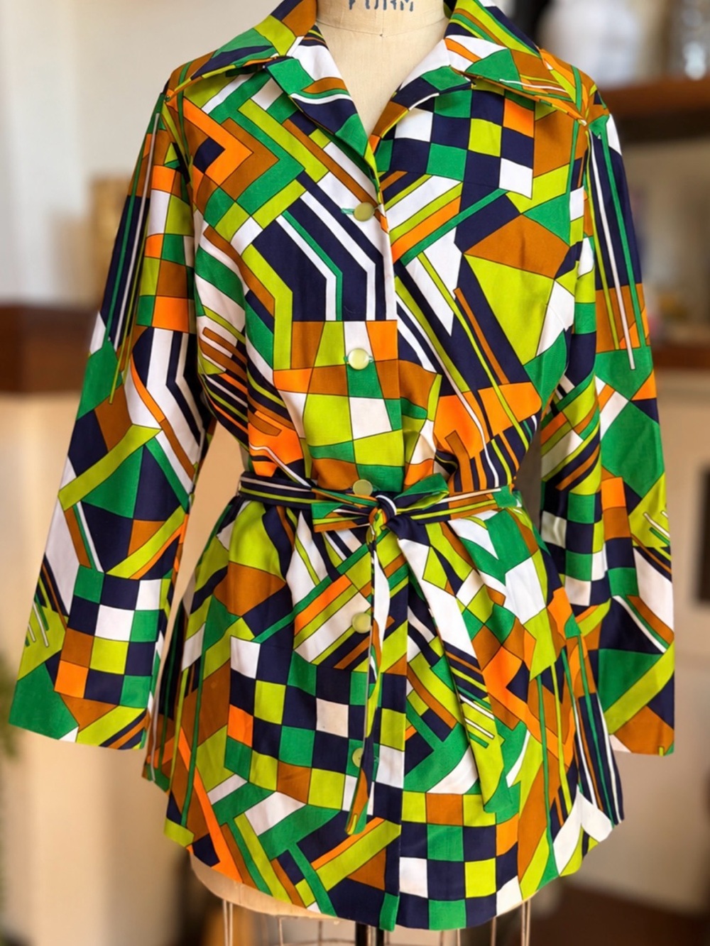 Retro Stockton Vibrant Geometric Print Belted Tunic Top 80s 90s M